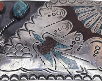 Hebilla de cinturón vintage Navajo de plata esterlina con diseño de pájaro peyote y turquesa, firmada por TA.