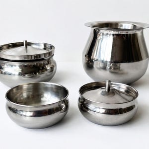 4 Pc Stainless Steel Indian Matka Handi Serving Set Ghee Dani Bowls & Pot