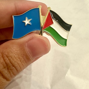 May include: A gold-toned metal pin featuring two flags. One flag is blue with a white star, and the other has red, white, black, and green stripes. The flags are crossed at the staffs.