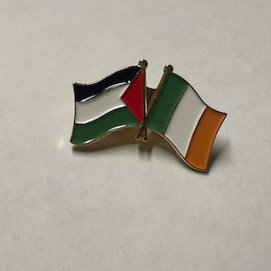 May include: A pin badge depicting the flags of Palestine and Ireland. The Palestine flag is black, white, green, and red. The Irish flag is green, white, and orange. The badge has a gold-coloured border.