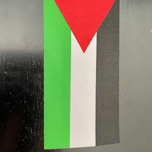 May include: A green, white, and black fabric patch with a red triangle in the center. The patch is a representation of the Palestinian flag.
