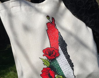 Palestine map poppy tote bag