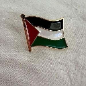 Op de afbeelding: Een goudkleurige metalen pin met de vlag van Palestina. Het vlagontwerp omvat rode, witte, zwarte en groene horizontale strepen, met een rode driehoek aan de hijskant. Een klein, decoratief accessoire.