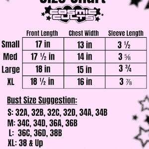 May include: A pink size chart with black text, including measurements for front length, chest width, and sleeve length in inches. The chart also provides bust size suggestions for various sizes, from small to extra-large.