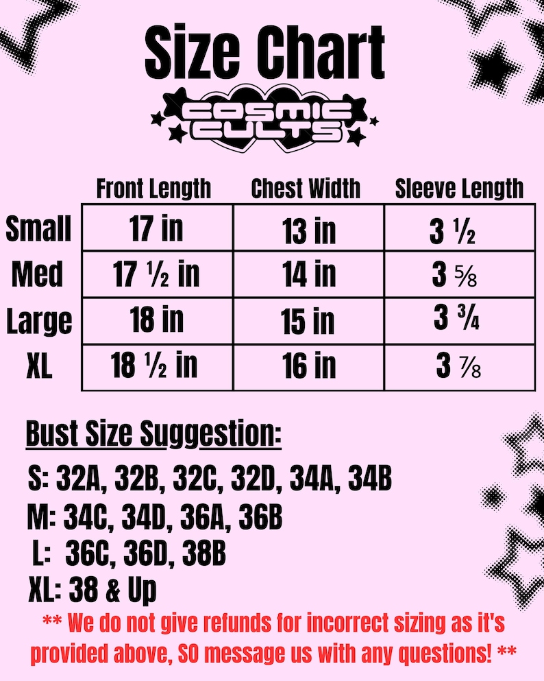 May include: A pink size chart with black text, including measurements for front length, chest width, and sleeve length in inches. The chart also provides bust size suggestions for various sizes, from small to extra-large.