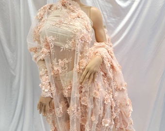 Tela de encaje con cuentas color melocotón: bordado floral de satén 3D, tela para vestido de novia