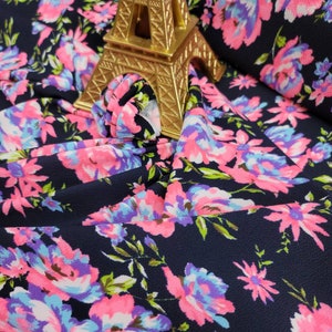 Fabric By The Yard Liverpool Knit Floral Flowers Lavender Pink Flowers Print Stretch Liverpool Textured Navy Blue Background Dress Clothing
