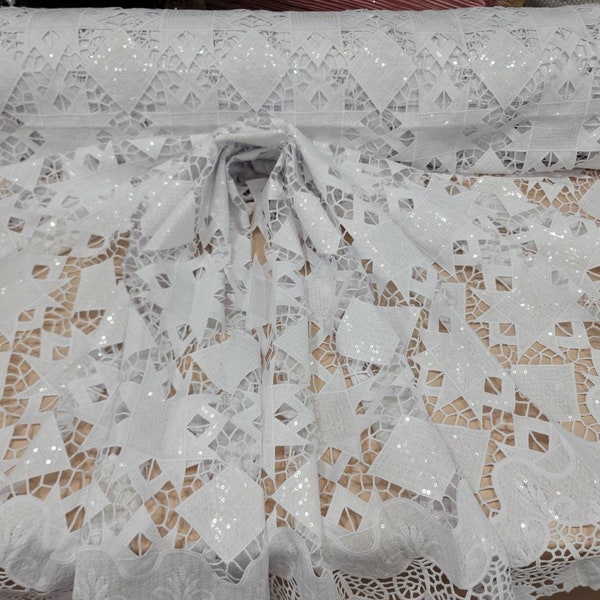 Fabric Sold By The Yard White Guipure Lace Geometric Embroidery Floral Flowers Clear Sequin Fashion Bridal Evening Dress