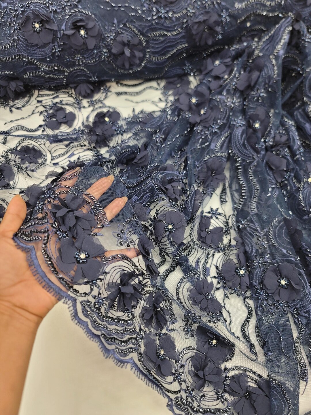 Fabric by the Yard Navy Blue Beaded Lace 3d Floral Flowers Embroidery ...