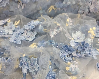 Tela de encaje floral 3D con cuentas azul cielo, bordado nupcial, se vende cortada a medida.