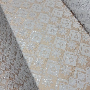 Fabric Sold By The Yard Snow White Embroidery Lace Floral Flowers Guipure Sequin Double Scallops Bridal Evening Dress Gown Fashion