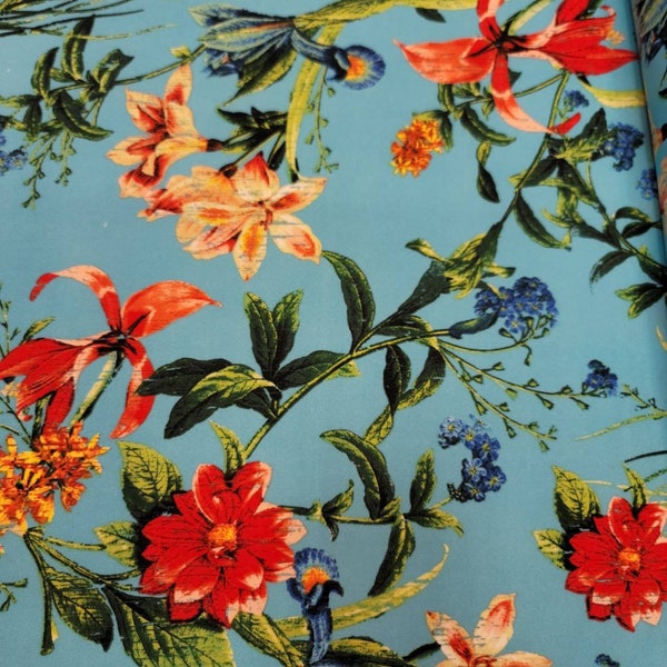 Fabric Sold By The Yard Multicolor Floral Flowers Spandex Nylon Turquoise Background Red Yellow Orange Green Floral Stretch Fabric Fashion