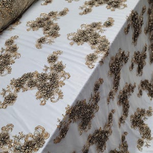 Gold Beaded Lace 3d Floral Flowers Rhinestones Embroidered on Mesh Sequin Pearls Prom Fabric Sold by the Yard