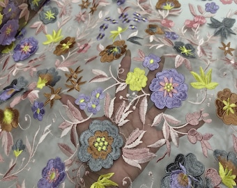 Pink Floral Lace Fabric: 3D Embroidery, Beaded Sequins - Bridal, Prom Gown