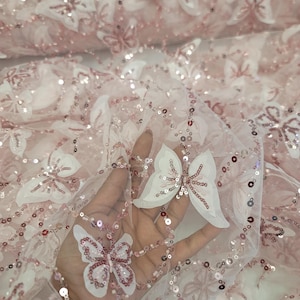 Fabric Sold By The Yard Blush Pink 3d Lace Embroidery Butterflies Sequins On Mesh Bridal Evening Dress Quinceañera Gown Prom Fashion