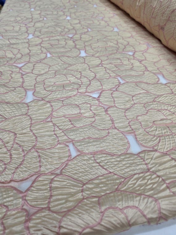Floral Brocade Fabric: Brige Flowers, Pink Embroidery Borders On Organza - By The Yard