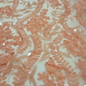 Fabric Sold by The Yard Coral Lace  Embroidery Floral Flowers Long Sequin Handging Fashion Lace New Evening Dress Dancer Custom Draping