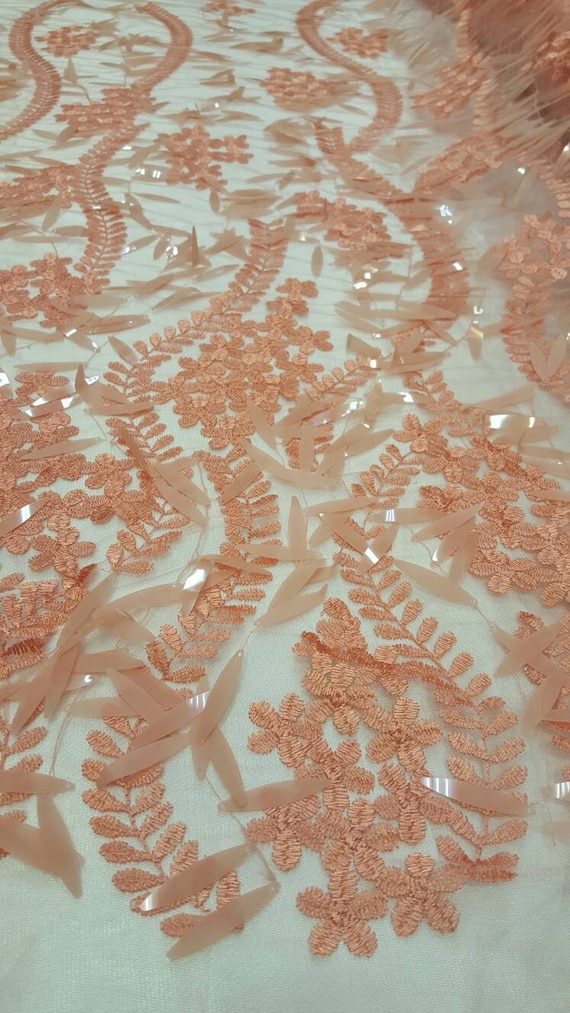 Fabric Sold by the Yard Coral Lace Embroidery Floral Flowers Long Sequin Handging Fashion Lace New Evening Dress Dancer Custom Draping Etsy Ireland