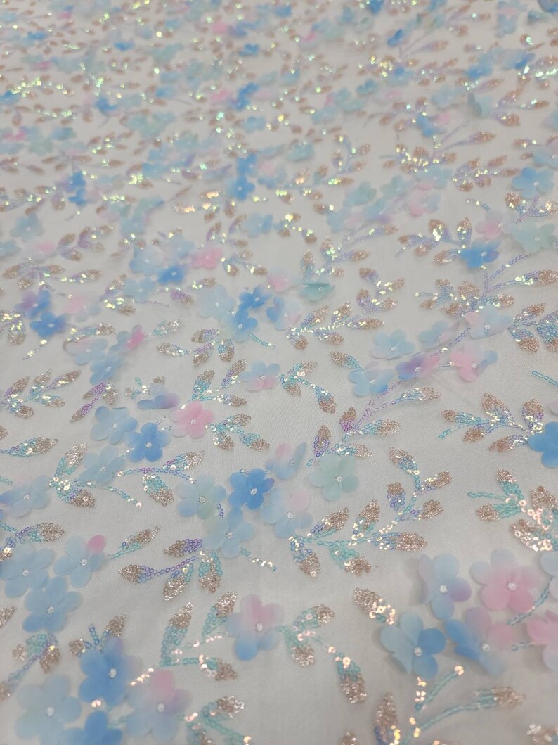 Fabric Sold by the Yard Sky Blue Lace 3d Floral Flowers Pink Iridescent ...