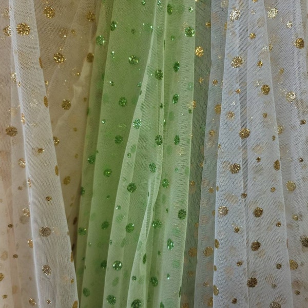 Fabric Sold By The Yard Polka Dots Glitter Lace Choose Color Gold, Green and Ivory Fashion Dress Clothing Decoration Custom Dancer Sparkle