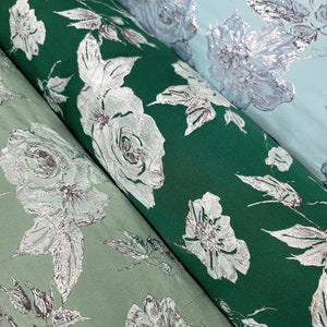 Tissu brocart floral métallisé : sauge, émeraude, turquoise - le mètre