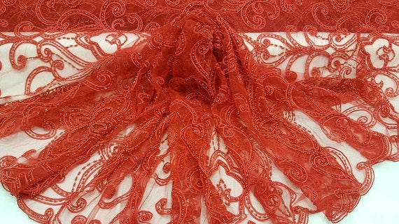 Red Hand Beaded Lace Paisley Pearls On 1 Way Stretch Fabric Etsy
