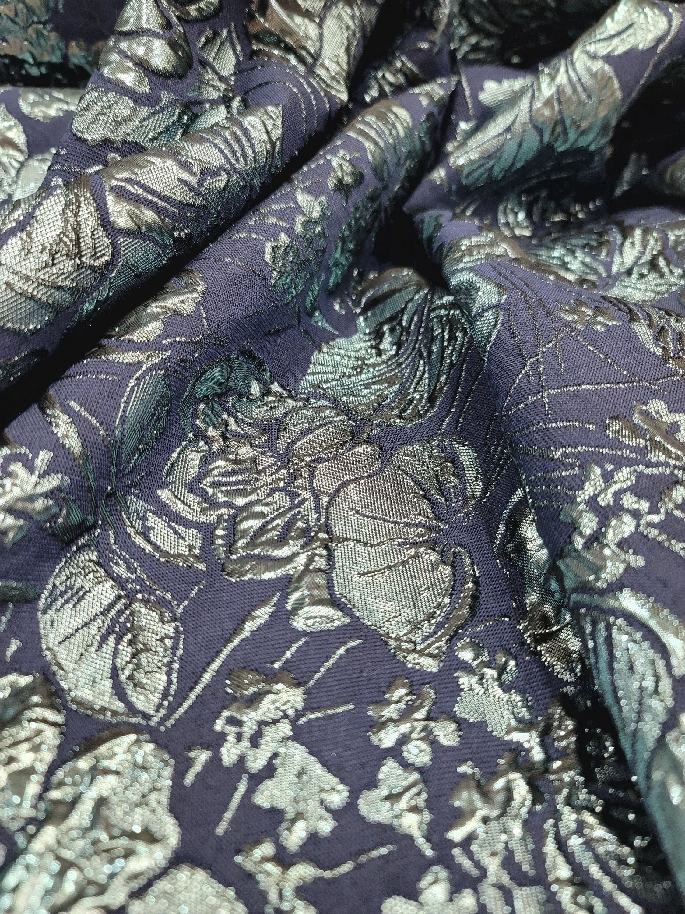 Fabric Sold By The Yard Navy Blue Brocade Jacquard Metallic Aqua Blue Floral Fashion Dress Clothing