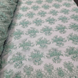 Fabric Sold By The Yard Mint Lace Beaded Embroidery Floral Flowers On  Mesh Bridal Evening Dress Gown Quinceañera Prom Dress Double Scallops