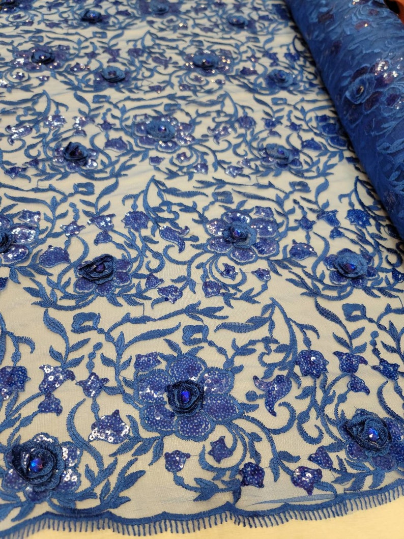 Fabric Sold By The Yard Royal Blue Lace Fabric Embroidery Floral Flower Sequin On Mesh Bridal Evening Dress Fashion Gown Quincea\u00f1era