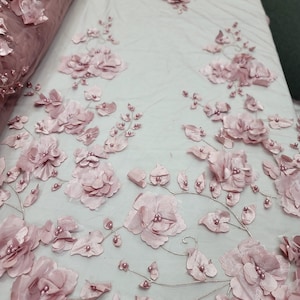 Dusty Rose Lace 3d Floral Flowers Embroidered on Mesh Prom Fabric Sold by the Yard Gown Quinceañera Bridal Dress Pink Dusty Rose Lace