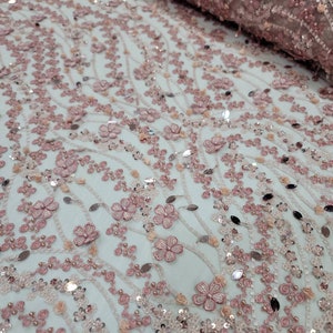 Dusty Rose Beaded Lace 3d Floral Sequin Handging Branches Embroidered Floral Prom Fabric by the Yard Quinceañera Bridal Dress Evening Gown
