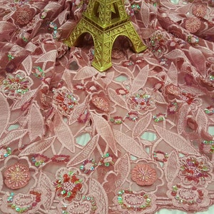 Fabric Sold by The Yard Pink Hand Beaded Lace 3D Embroidery Floral Flowers Sequin On Mesh Prom Evening Dress Bridal Sweet 16 Gown