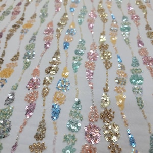 Fabric Sold By The Yard Multicolor Beaded Lace Embroidery Flowers Sequin On Peach Mesh Prom Evening Dress Quinceañera Dress