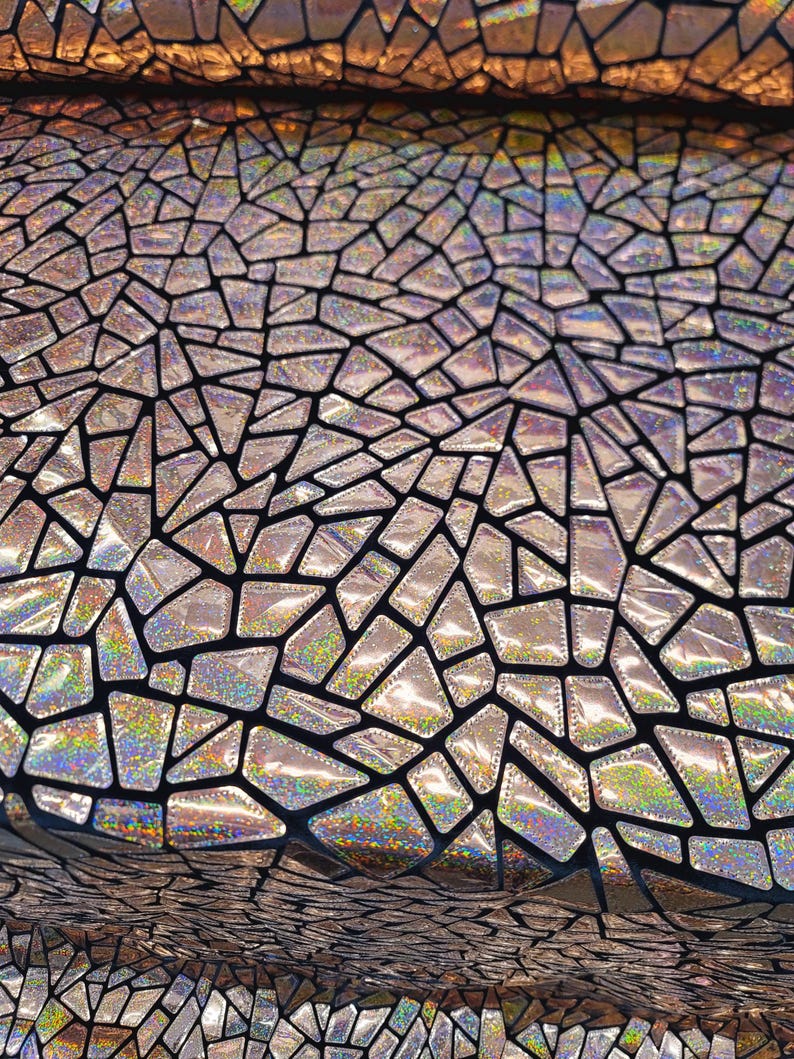 Rose Gold Iridescent Geometric Sequin Fabric On Black Velvet Stretch (By The Yard) image 2
