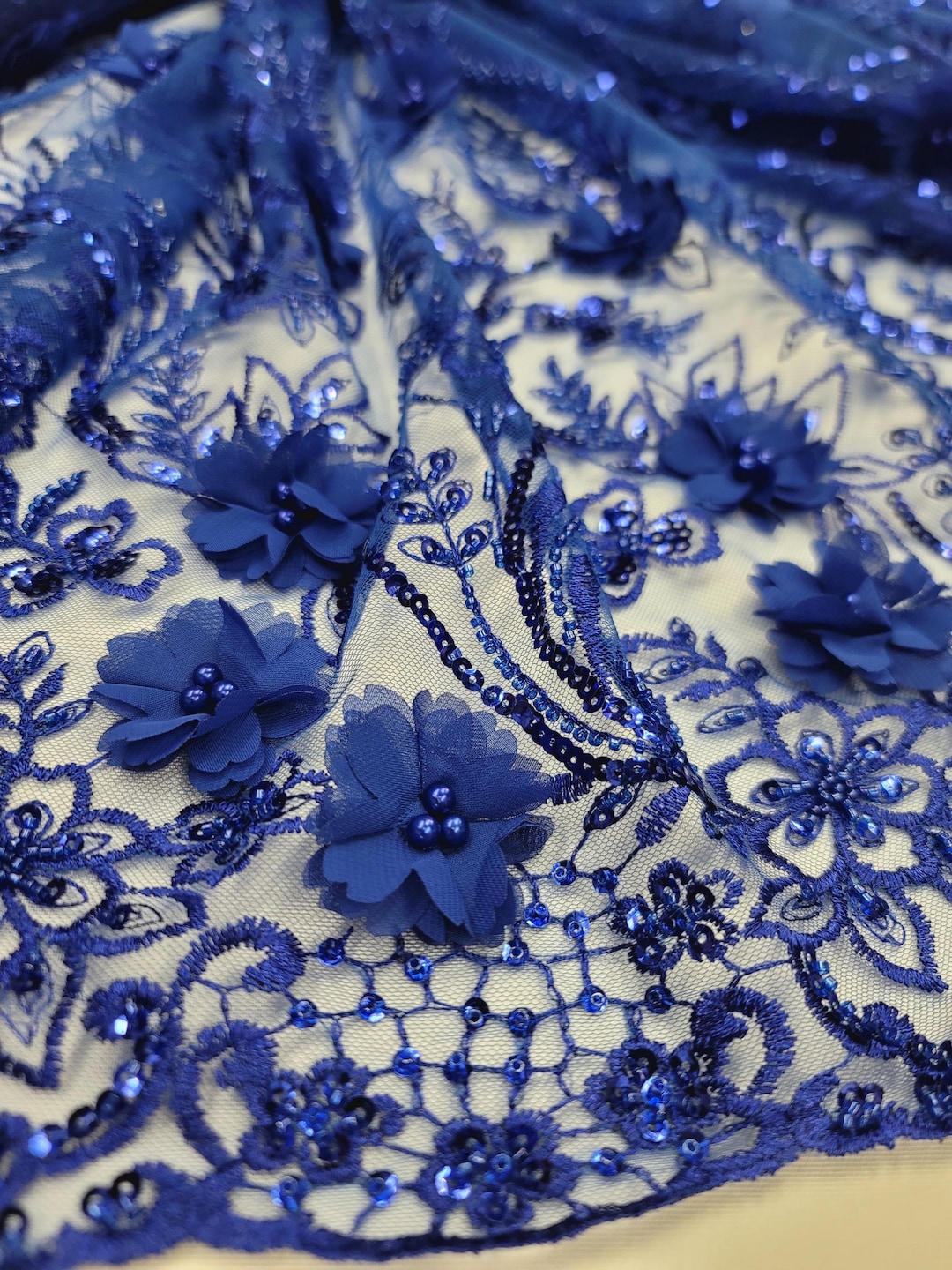 Fabric Sold by the Yard Royal Blue Beaded 3d Lace Floral Flowers ...