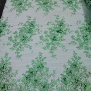 Fabric Sold By The Yard Mint Lace 3d Floral Flowers Embroidery On Mesh Prom Fabric Bridal Evening  Quinceañera Lace