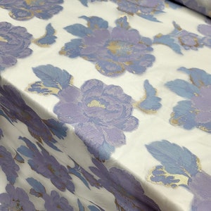 Fabric By The Yard Lavender Blue Periwinkle Brocade Accent Gold Floral Flowers On Clear Organza Bridal Evening Dress Quinceañera Prom Gown
