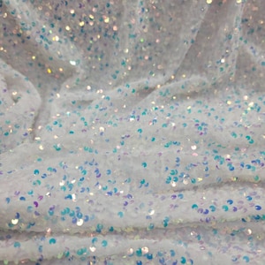 White Velvet Fabric: Iridescent Sequin Embroidered Stretch Velvet - 60 Inch