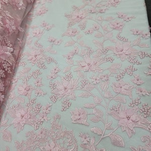 Stoff Schüttgut Rosa Spitze 3d Blumen Blumen Stickerei Perlen Mode Hochzeitskleid Quinceamaßa Abendkleid