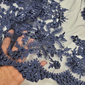 Fabric Sold by The Yard Navy Blue Lace Beaded Floral Embroidery On Mesh Scalloped Prom Evening Dress Bridal Gown Clothing Fashion