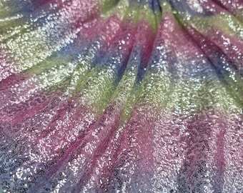 Tessuto con paillettes arcobaleno: rete elasticizzata ricamata, larghezza 57"