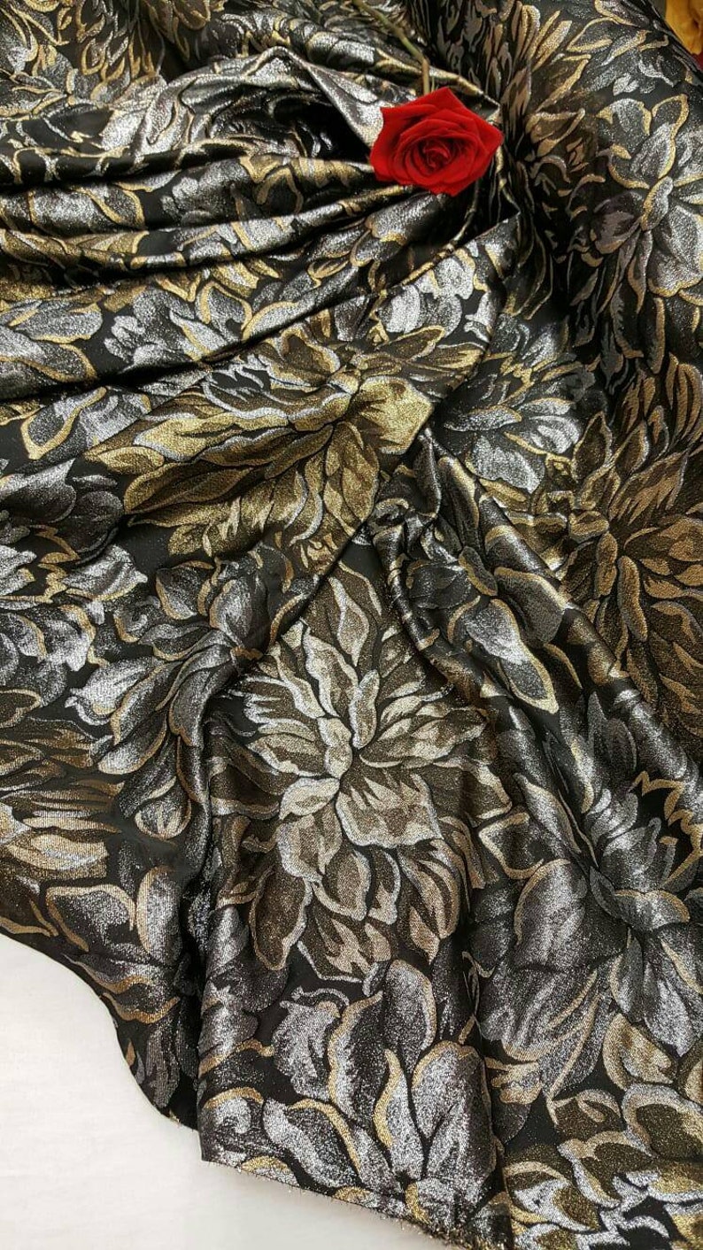 Fabric Sold by the Yard Brocade Gold and Silver Floral Flowers Fashion Jacquard Quincea\u00f1era Dress Bridal Evening Gown Prom
