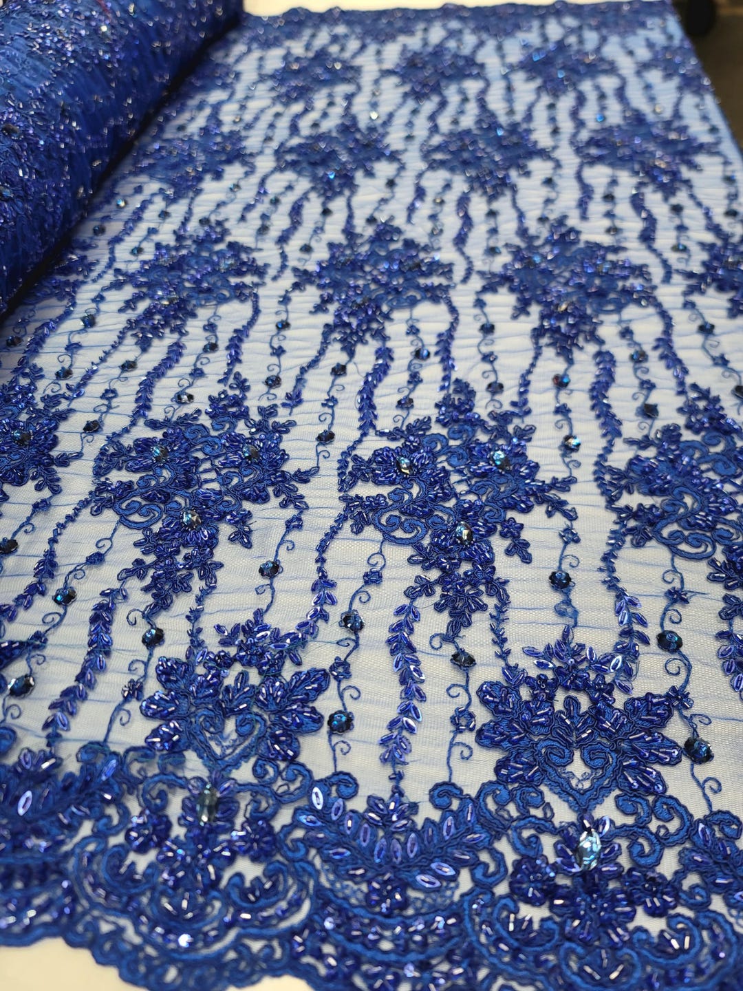 Embroidery Beaded Fabric - Royal Blue - Beaded Floral Bridal Embroidery Fabric Sold by the yard