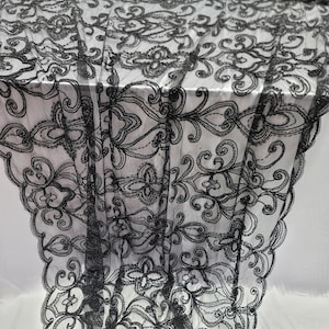 Fabric By The Yard Black Lace Pearls and Ribbon Embroidery on Mesh Prom Gown Bridal Evening Dress Fashion Lace Quinceañera