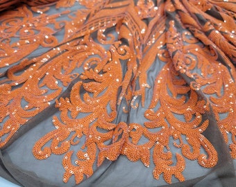 Fabric Sold By The Yard Orange Sequin Lace Stretch Brown Mesh Fabric For Dress Prom Bridal Evening Gown Prom Vintage Victorian Pattern