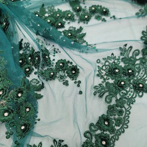 Fabric Sold by The Yard Emerald Green 3d Lace Beaded 3d Floral Flowers Embroidery Rhinestones Fashion Gown Quinceañera Prom Evening Dress