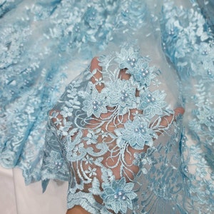 Fabric Sold by the Yard Sky Blue Lace 3d Floral Flowers Embroidery Birds On Mesh Gown Quinceañera Bridal Evening Dress