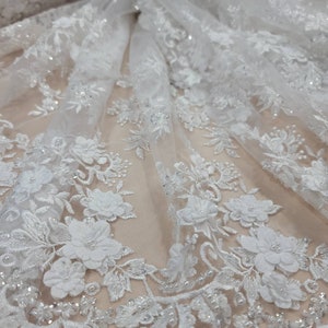 Fabric Sold By The Yard Off White Bridal Beaded Lace Embroidery 3d Floral Flowers Wedding Lace Bridal Evening Dress Baptism First Communion