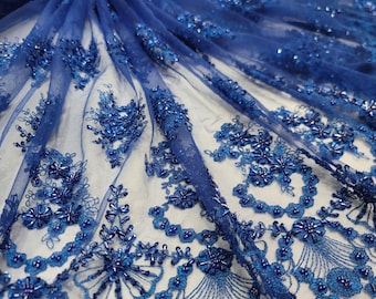 Tessuto in pizzo ricamato floreale blu reale: doppio smerlato con perline - Sposa, Ballo di fine anno