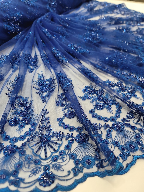 Royal Blue Floral Embroidered Lace Fabric: Beaded Double Scallop